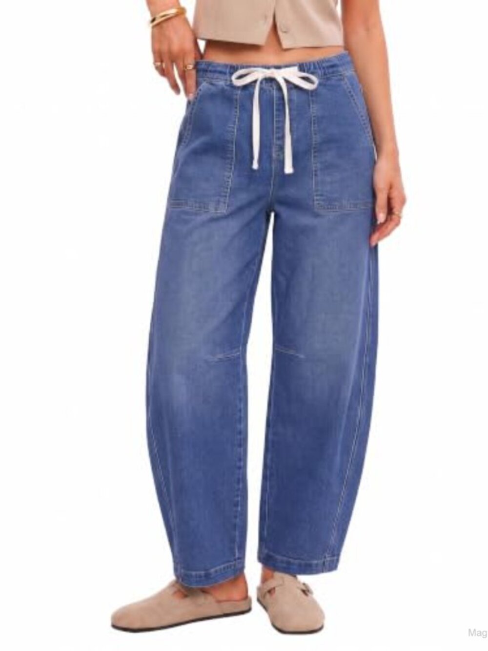 Baggy Barrel Jeans for Women High Waisted Elastic Waist Wide Leg Stretchy Denim